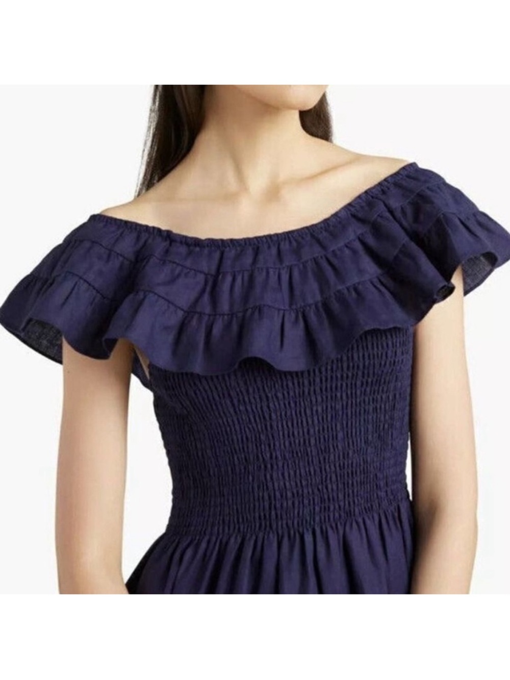 Hill House Navy Off-Shoulder Ruffle Midi Dress - Picture 2 of 4